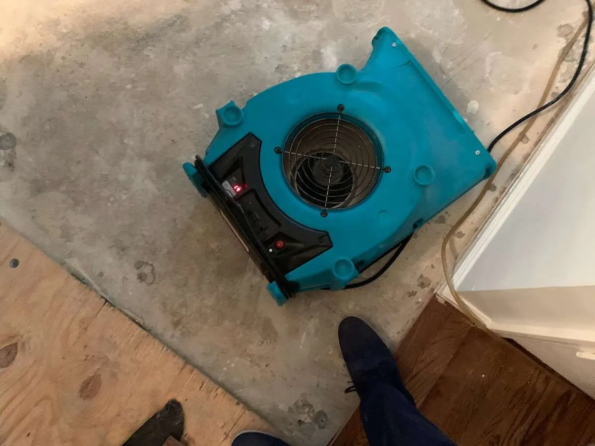 Air mover drying subfloor during Commercial Water Damage Restoration in Lely Resort